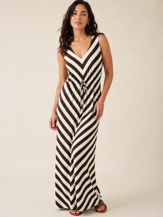 Tommy Bahama Dresses & Skirts - Tommy Bahama Chevron Nautical Striped Maxi Dress Brown Cream Drawstring Waist M